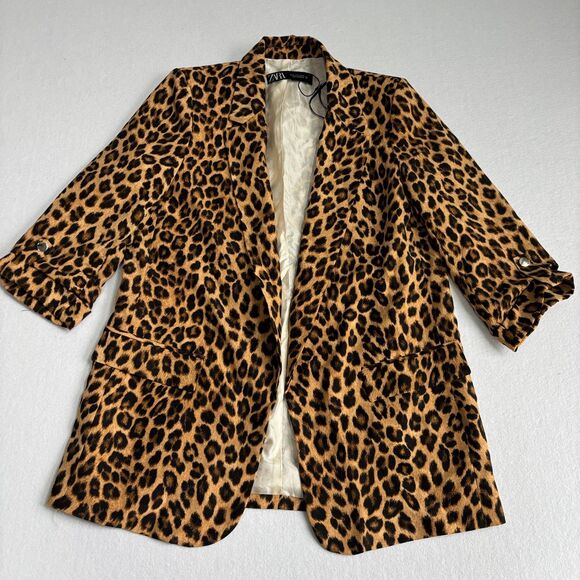 Zara Leopard Animal Print Blazer Jacket Women's M Brown Black 3/4 Sleeve Cuffed - Picture 3 of 11